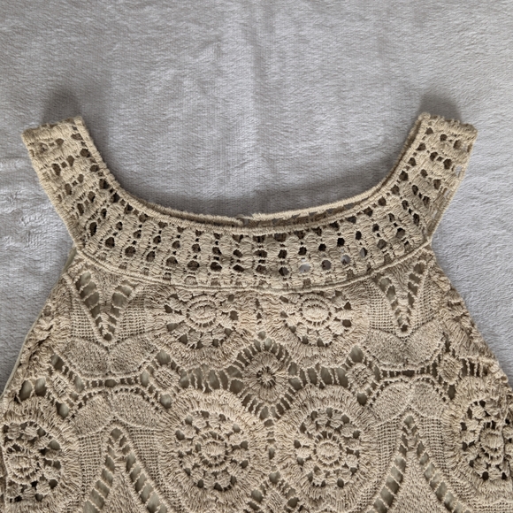 Boho Coastal Tan Beige Crochet Lace Medallion Sleeveless Tank Top Blouse XS - Picture 8 of 11